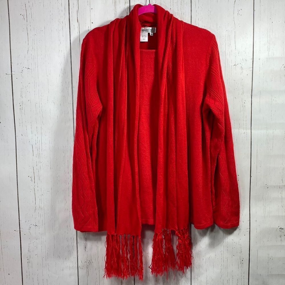 Coldwater Creek Red Sweater 2X Attached Scarf Fringe Cozy Layering Preppy